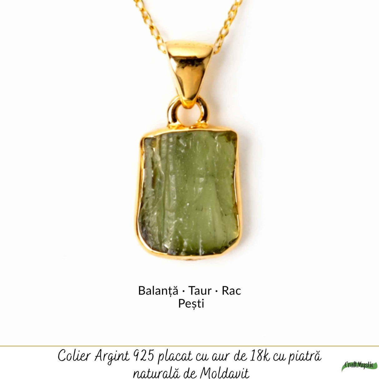 Colier Moldavit Brut Neuniform cu Argint 925 Placat cu Aur de 18k – Energie si Claritate Interioara