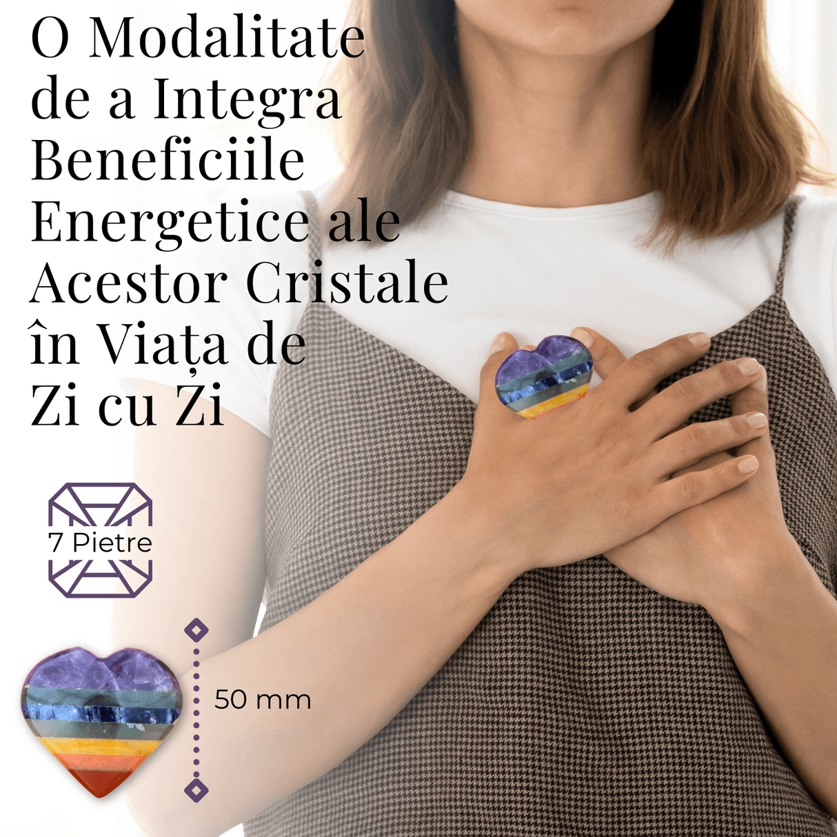 Inima Sculptata Manual de 50mm cu 7 Tipuri de Pietre Naturale pentru Cele 7 Chakre