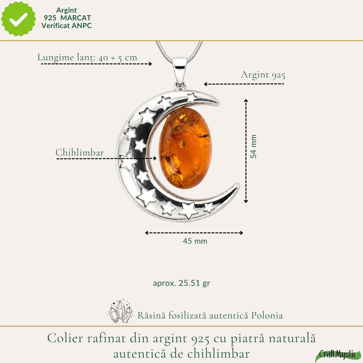 Colier Argint 925 cu Chihlimbar Rosu Semiluna – Protectie si Energie Feminina