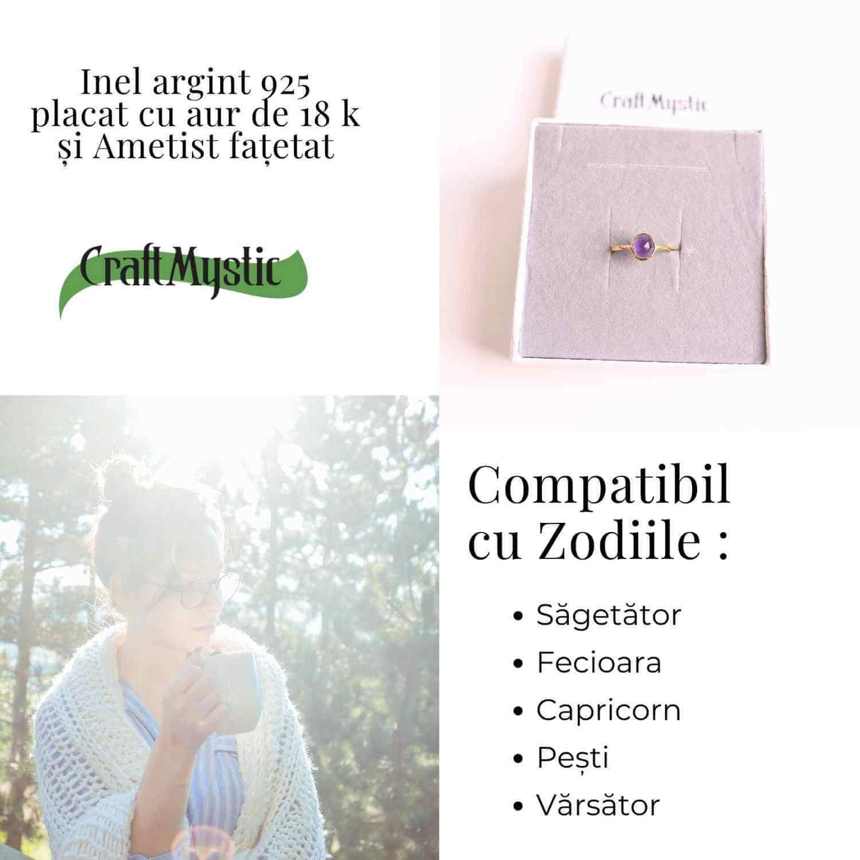 Inel din Argint 925 placat cu Aur de 18K cu Ametist Fatetat 1.58 gr M54 / 7- Claritate mentala si echilibru emotional