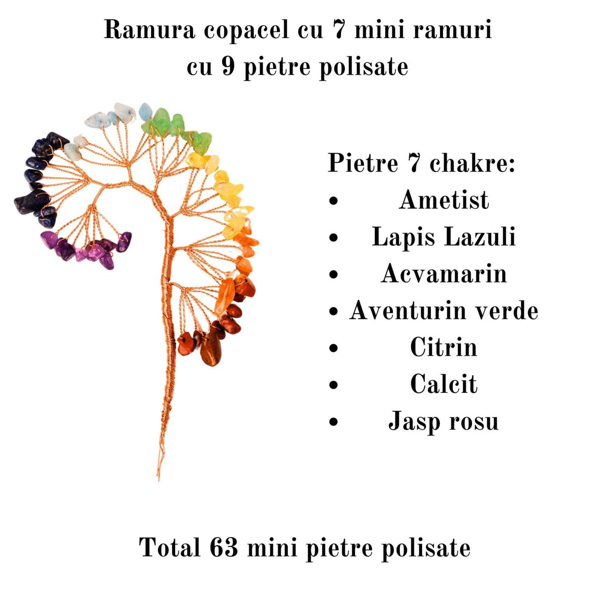 Ramura pentru creare copaci cu cristale semipretioase Mixte cu 7 mini ramuri fiecare cu 9 pietre polisate - Pentru proiecte DIY, decor, Feng Shui