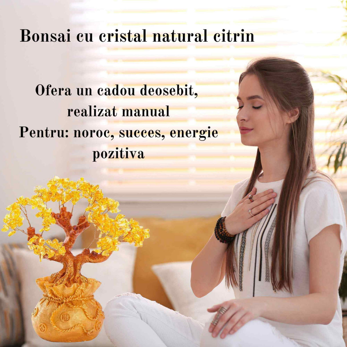 Bonsai cu cristale naturale citrin, supranumit \\"copacul banilor\\" - Copacelul cu inaltimea de 25 cm reprezinta cadoul perfect pentru prosperitate, succes, energie pozitiva