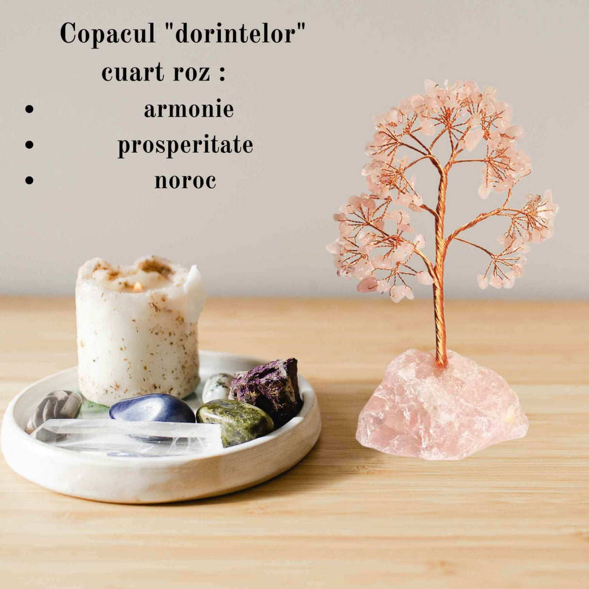 Arborele vietii 18 cm cu cristale semipretioase cuart roz - Bonsai de cristal cu 162 mini pietre si baza din cuart roz pentru bani, Feng Shui, noroc