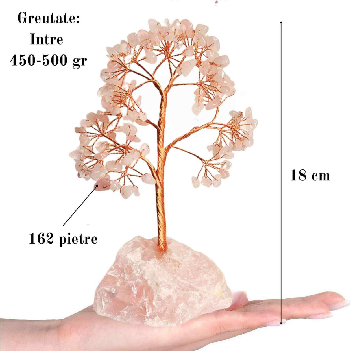 Arborele vietii 18 cm cu cristale semipretioase cuart roz - Bonsai de cristal cu 162 mini pietre si baza din cuart roz pentru bani, Feng Shui, noroc