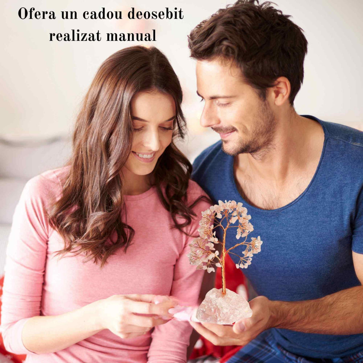 Arborele vietii 18 cm cu cristale semipretioase cuart roz - Bonsai de cristal cu 162 mini pietre si baza din cuart roz pentru bani, Feng Shui, noroc
