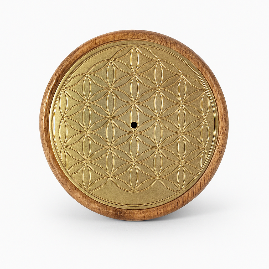 Suport betisoare parfumate lemn de mango – Flower of Life auriu, 8.5 cm (pentru betisoare si conuri)