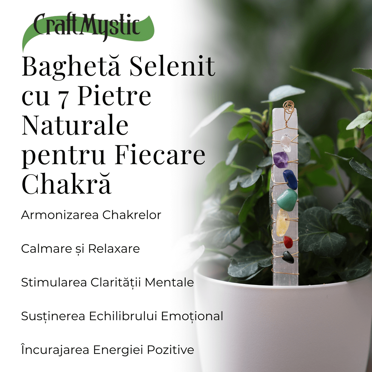 Bagheta din Selenit Brut cu Pietre pentru Cele 7 Chakre, Invelita in Sarma de Cupru, pentru Yoga, Meditatie, Echilibru Spiritual