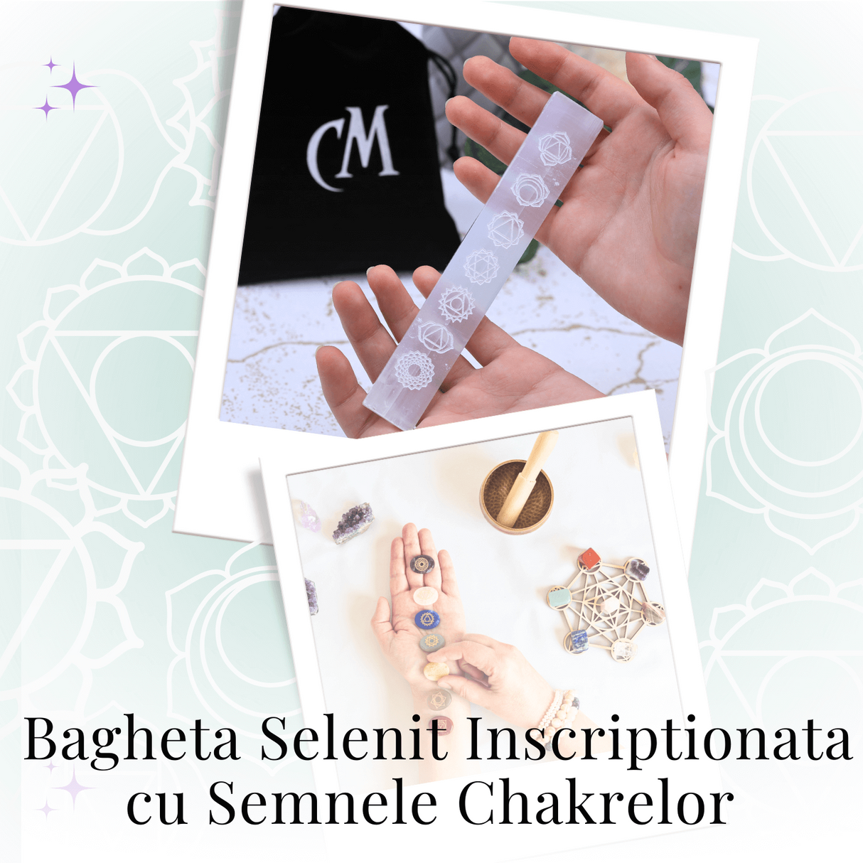 Bagheta de Selenit 15x2.5 cm cu Semnele Chakrelor - Curatare si Incarcare Cristale