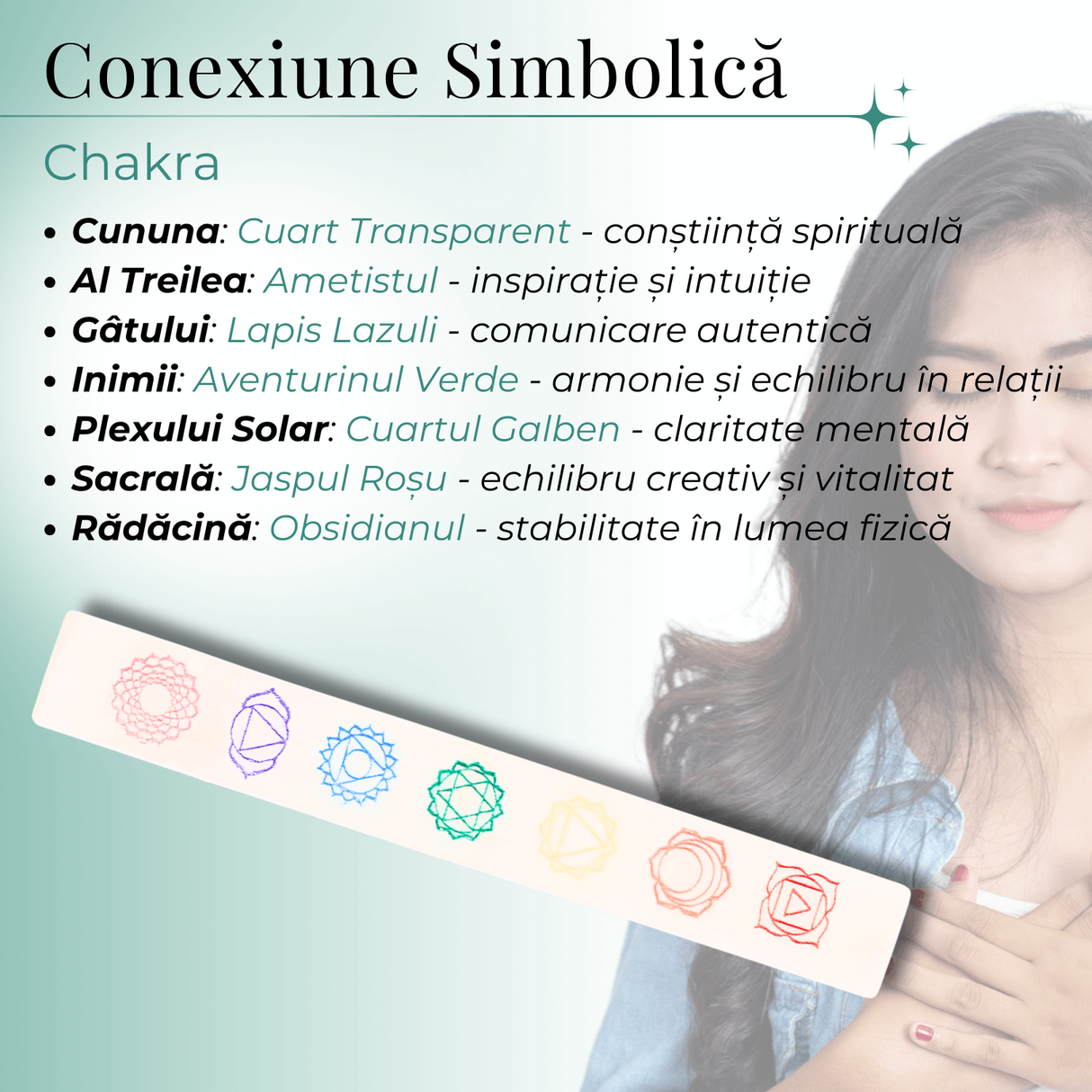 Bagheta de Selenit cu Semnele Chakrelor Color - Incarcare si Curatare Cristale