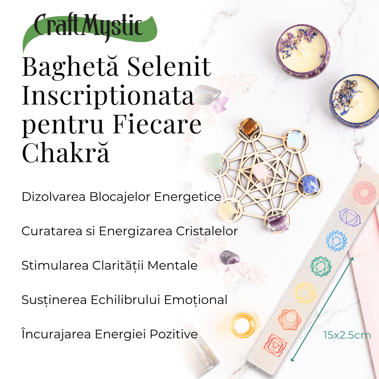 Bagheta de Selenit cu Semnele Chakrelor Color - Incarcare si Curatare Cristale