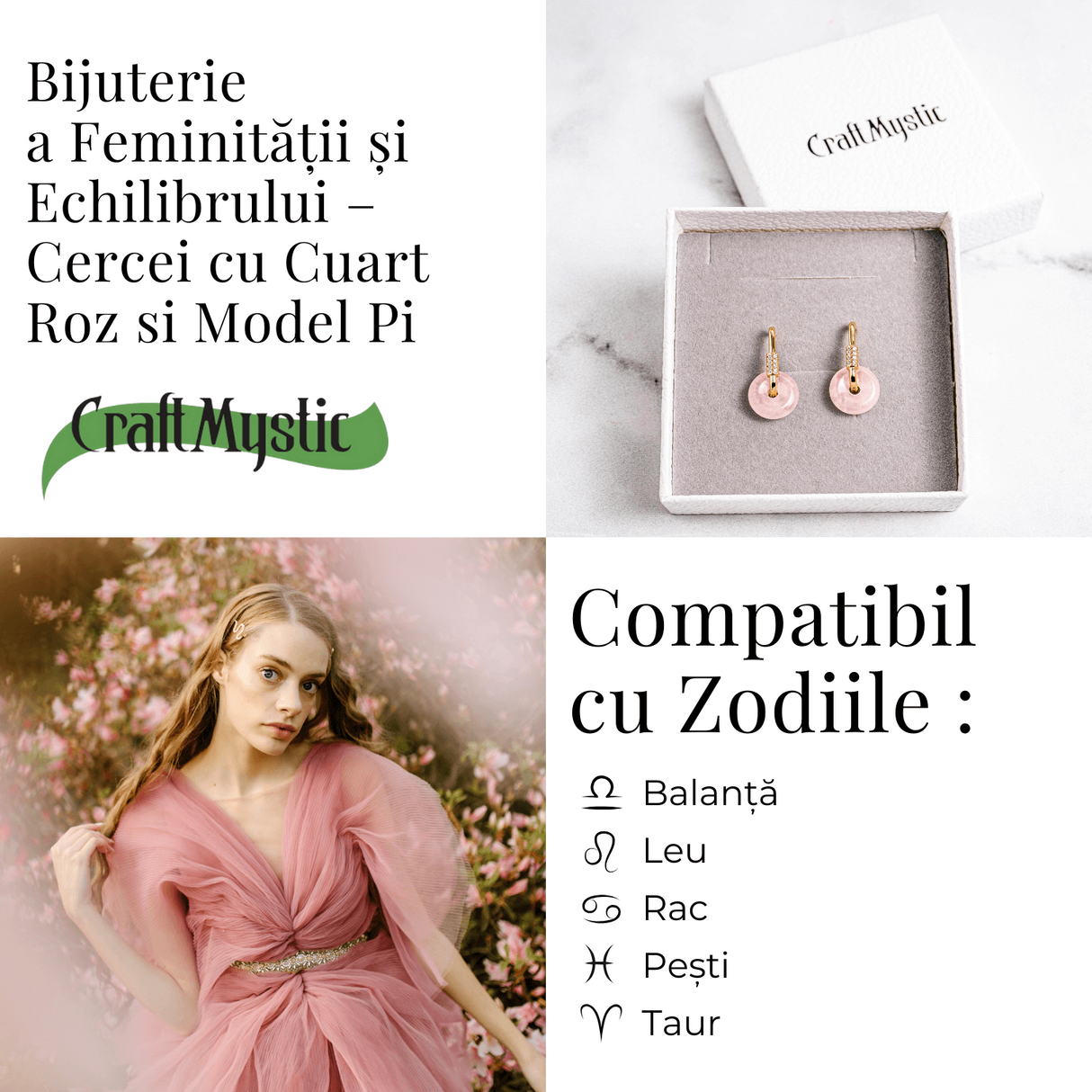 Feminitate si Echilibru - Cercei cu Cuart Roz si Model Pi