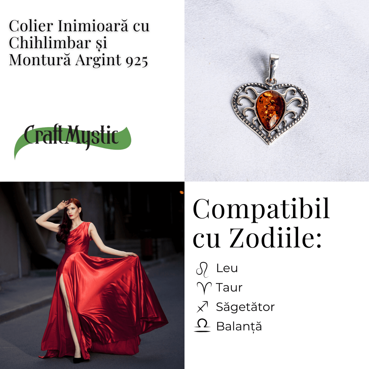 Colier inimioara cu chihlimbar si montura argint 925 - Protectie, caldura si echilibru emotional