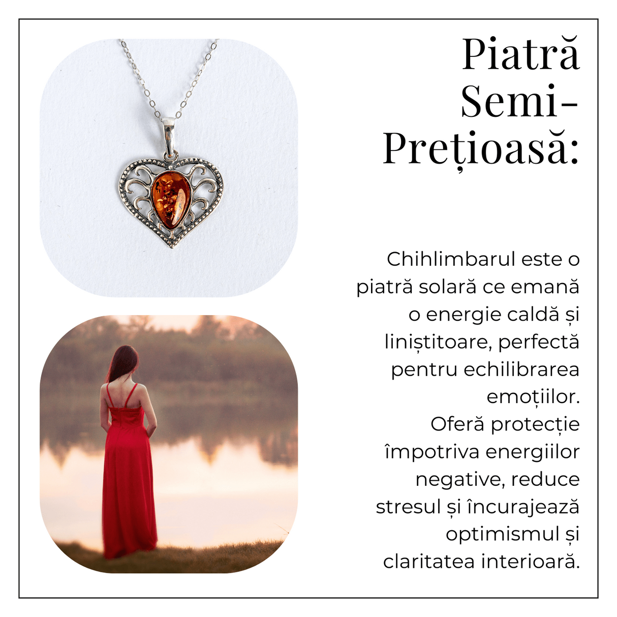 Colier inimioara cu chihlimbar si montura argint 925 - Protectie, caldura si echilibru emotional