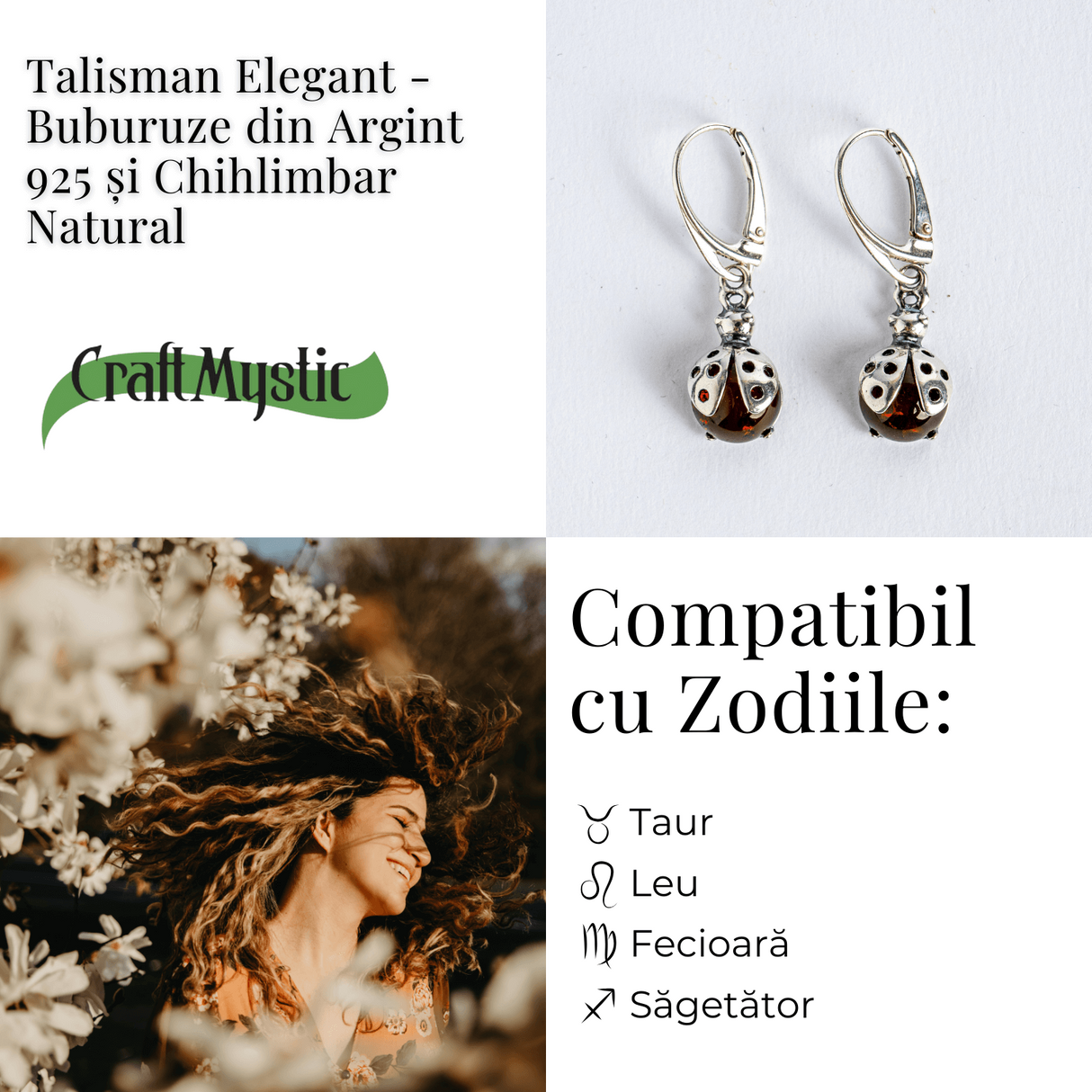 Buburuze Solare - Cercei cu chihlimbar natural si montura din argint 925