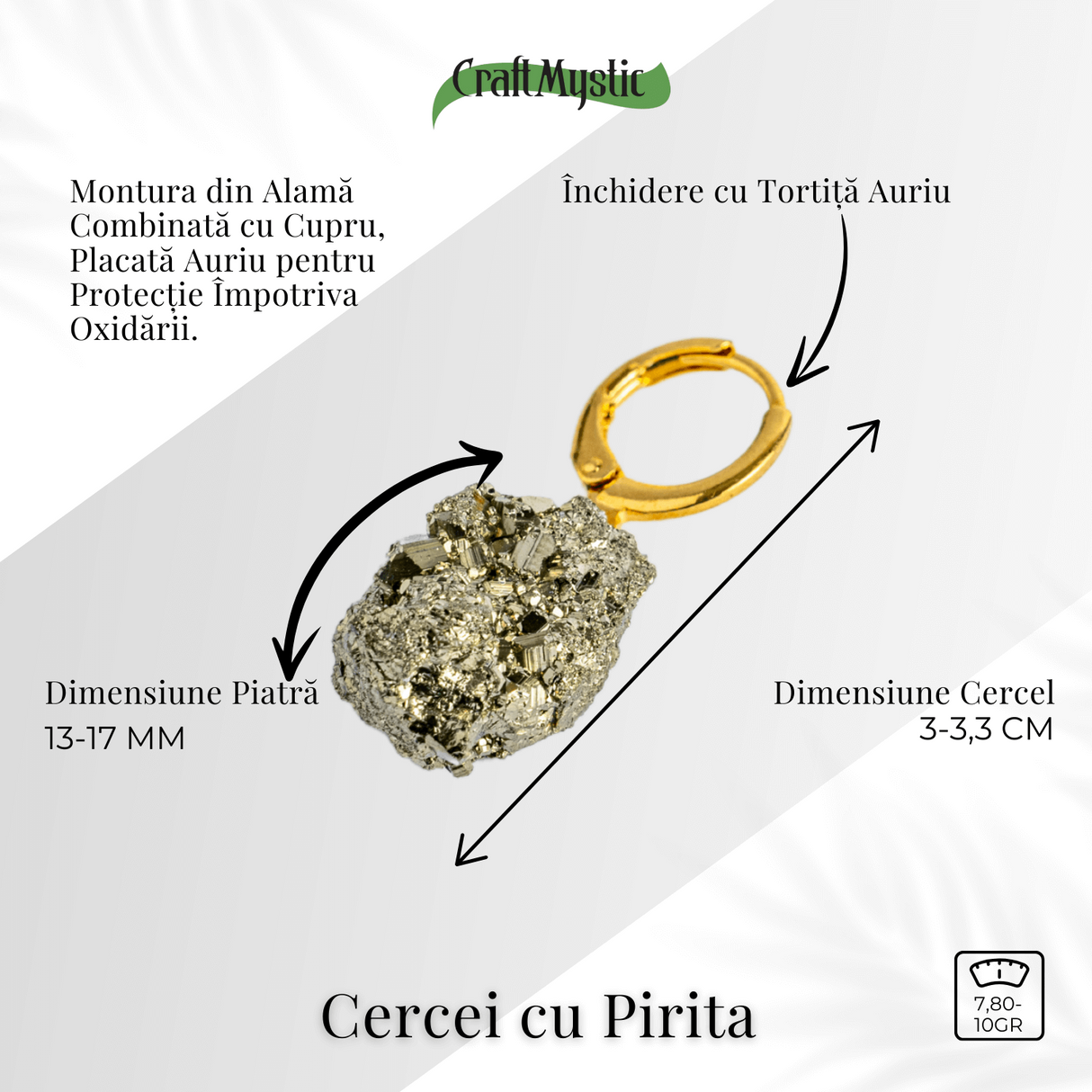 Cercei cu piatra Pirita si montura argint placat cu aur 18k