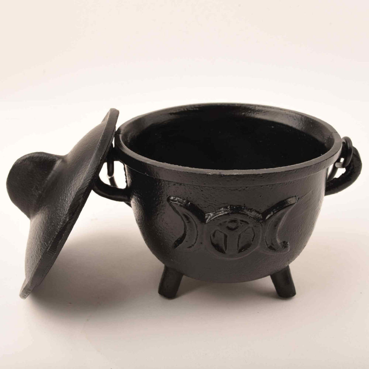Ceaun \\"Cauldron\\" din Fonta cu design Triple Moon, cu Capac si Maner - Cazan de Vrajitoare, Ideal pentru Arderea Tamaii pe Carbune si Smudging cu Salvie