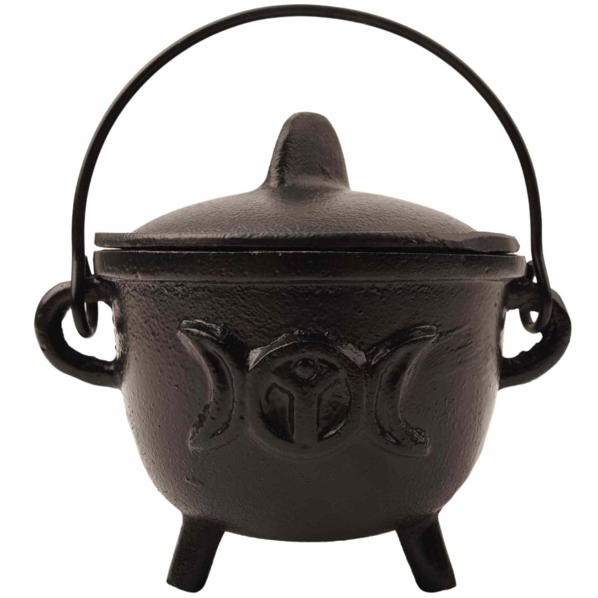 Ceaun \\"Cauldron\\" din Fonta cu design Triple Moon, cu Capac si Maner - Cazan de Vrajitoare, Ideal pentru Arderea Tamaii pe Carbune si Smudging cu Salvie