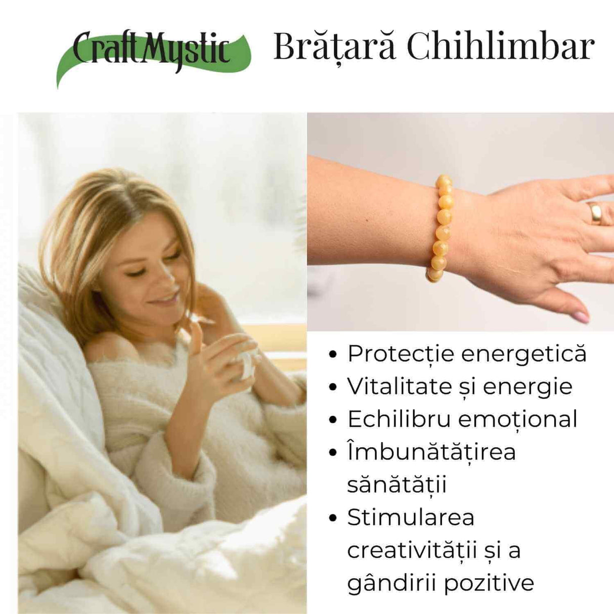 Bratara 10mm Chihlimbar (Ambar) Galben - Energie pozitiva si protectie naturala