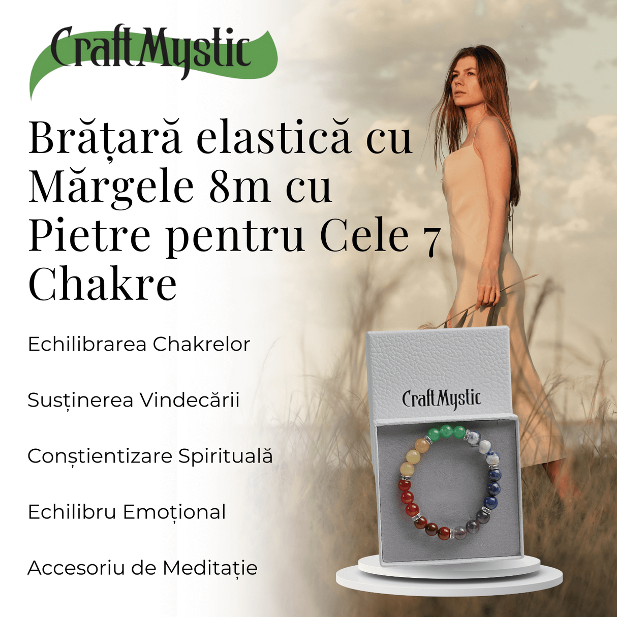 Bratara Elastica cu Margele de 8mm - Armonie si Echilibru pentru Cele 7 Chakre