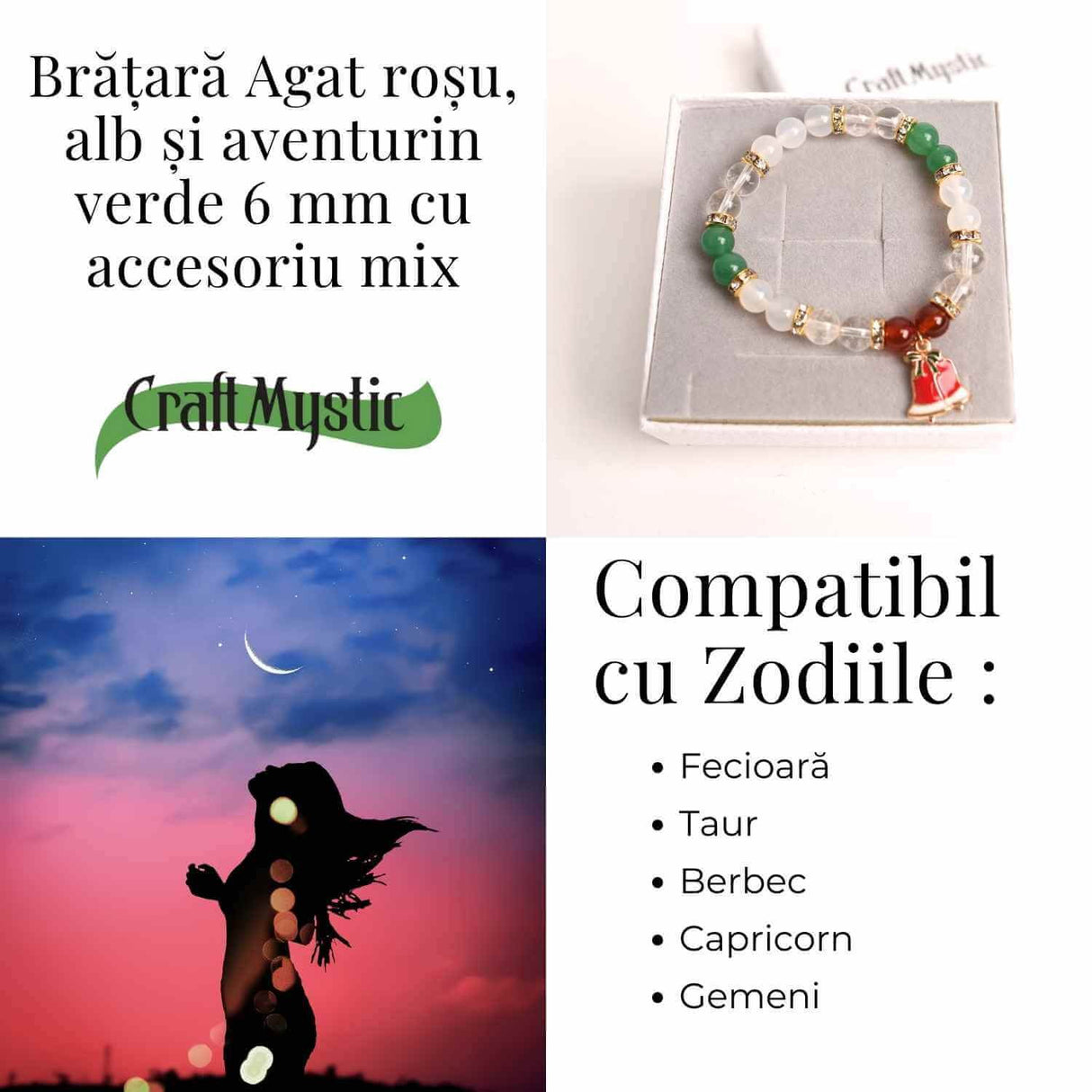 Bratara naturala Agat rosu, alb si aventurin verde cu accesoriu mixt - energie si protectie
