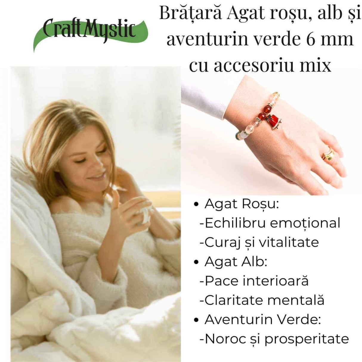 Bratara naturala Agat rosu, alb si aventurin verde cu accesoriu mixt - energie si protectie