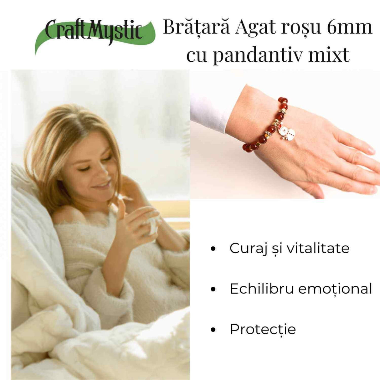 Bratara naturala Agat rosu 6mm cu accesoriu mixt - curaj si protectie