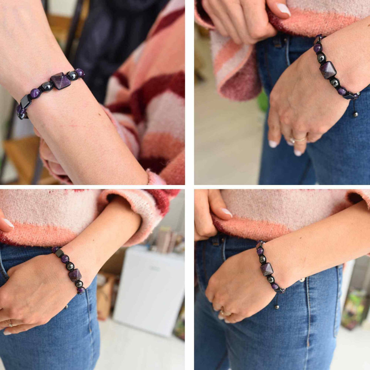Bratara Ajustabila Impletita cu Margele din Ametist si Hematit de 8mm cu Piramida de Ametist - Cadou Special