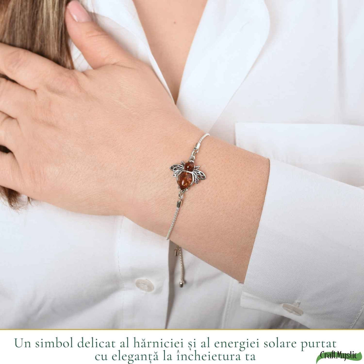 Bratara argint 925 cu chihlimbar natural si albina - Energie solara si vitalitate