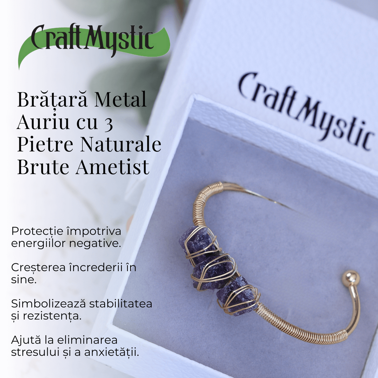 Bratara aurie din metal cu 3 pietre naturale de Ametist , beneficii energetice