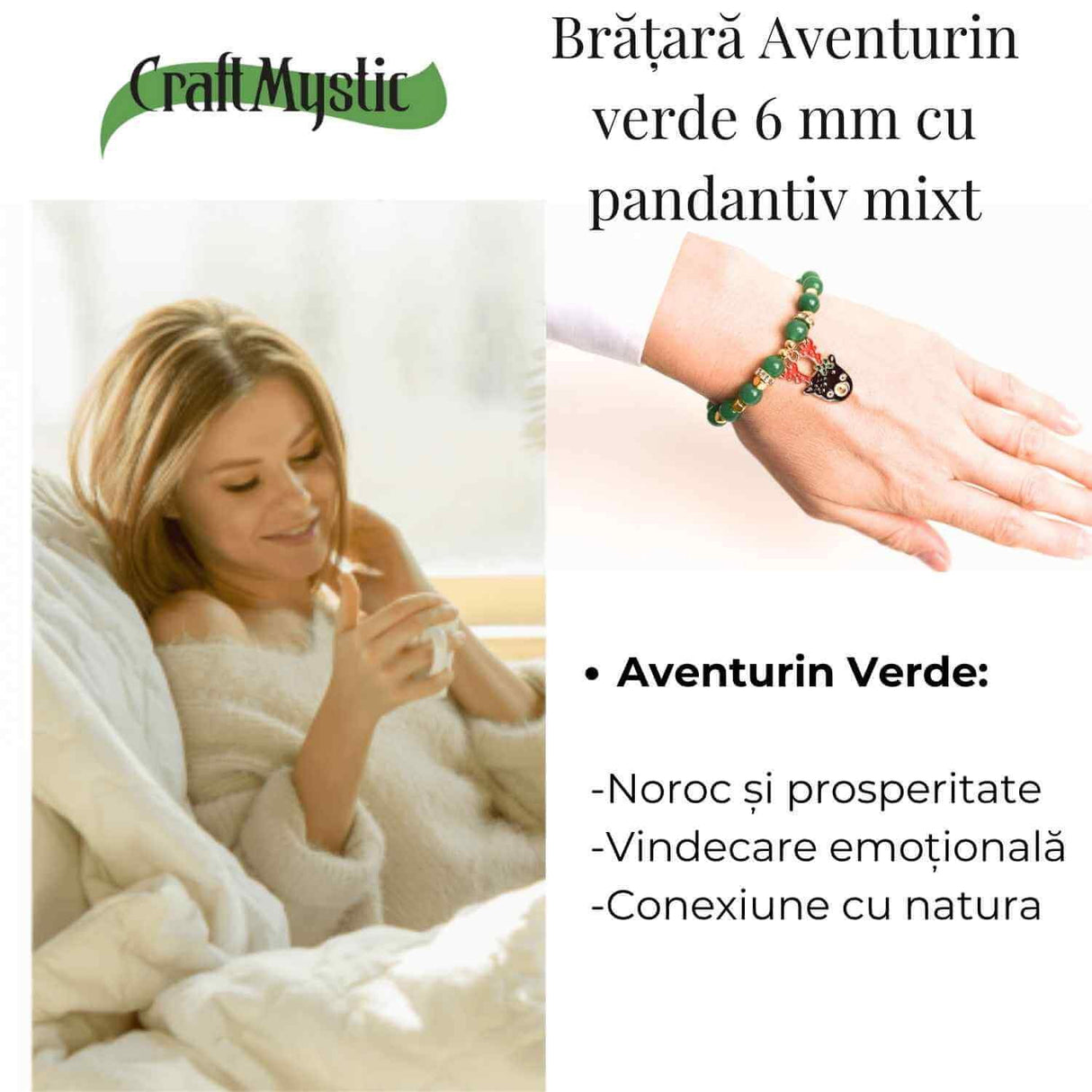 Bratara naturala Aventurin verde cu accesoriu mixt- armonie si noroc
