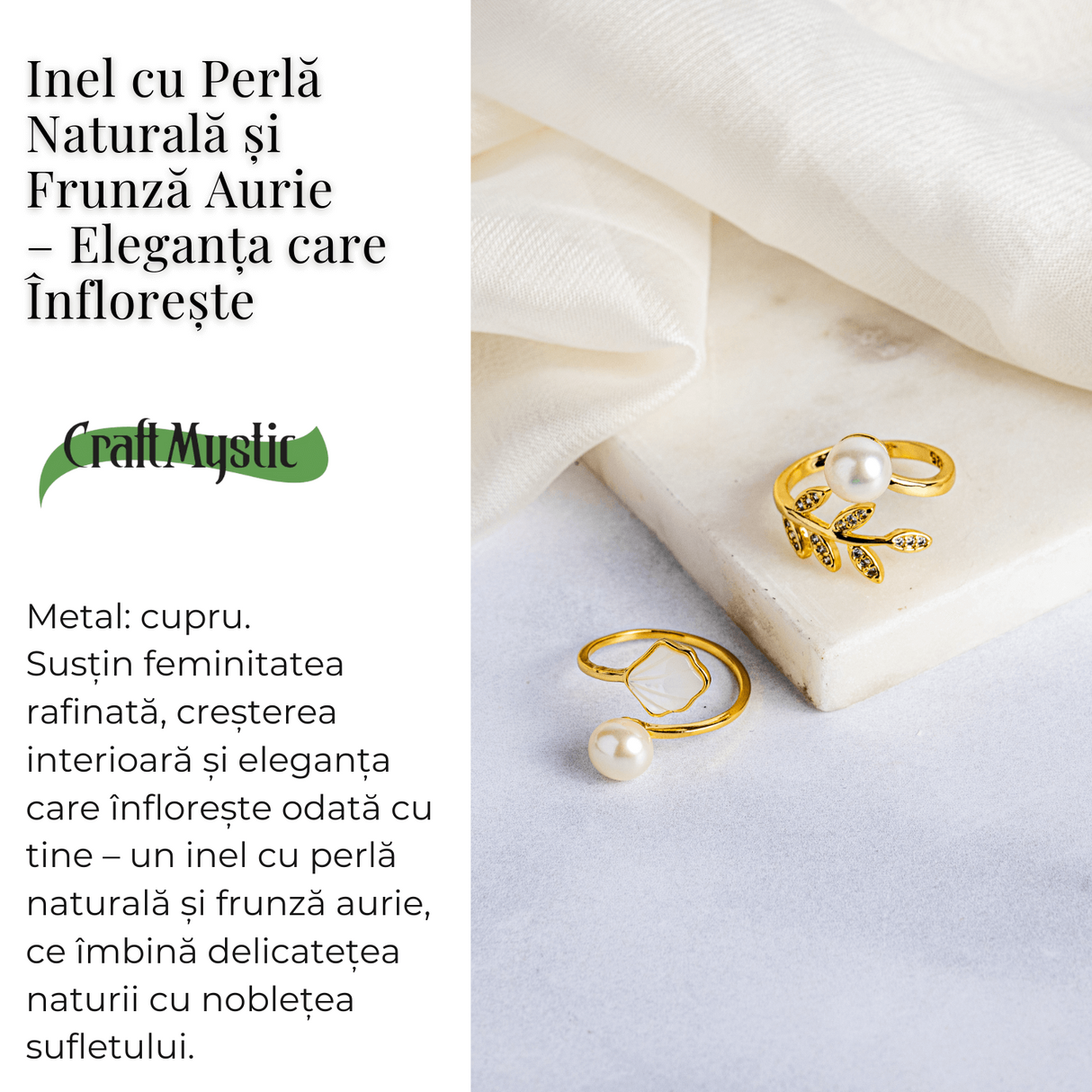 Inel cu perla naturala si frunza aurie - Eleganta care infloreste