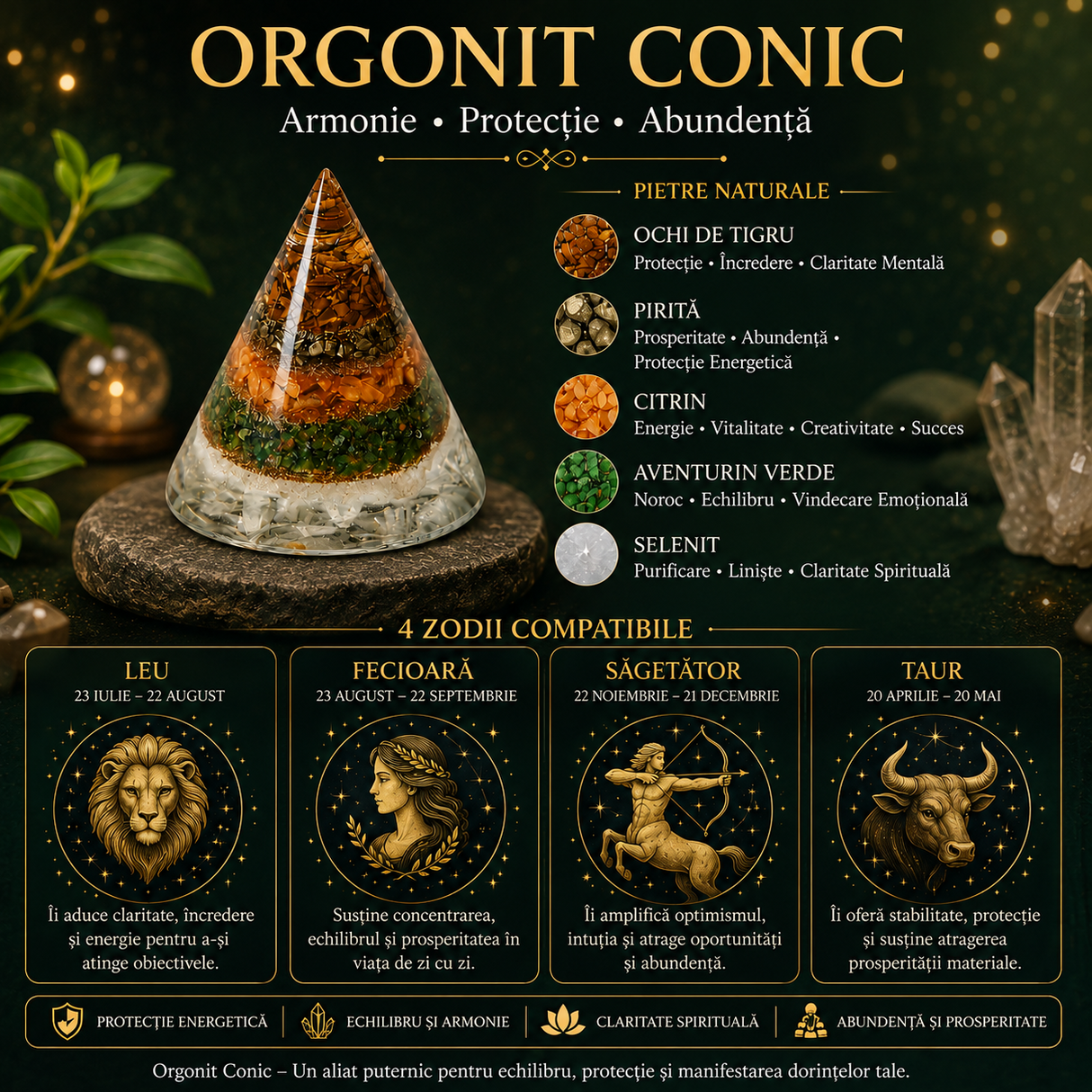 Orgonit Conic cu Ochi de Tigru, Pirita, Citrin, Aventurin Verde si Selenit – Echilibru si Prosperitate