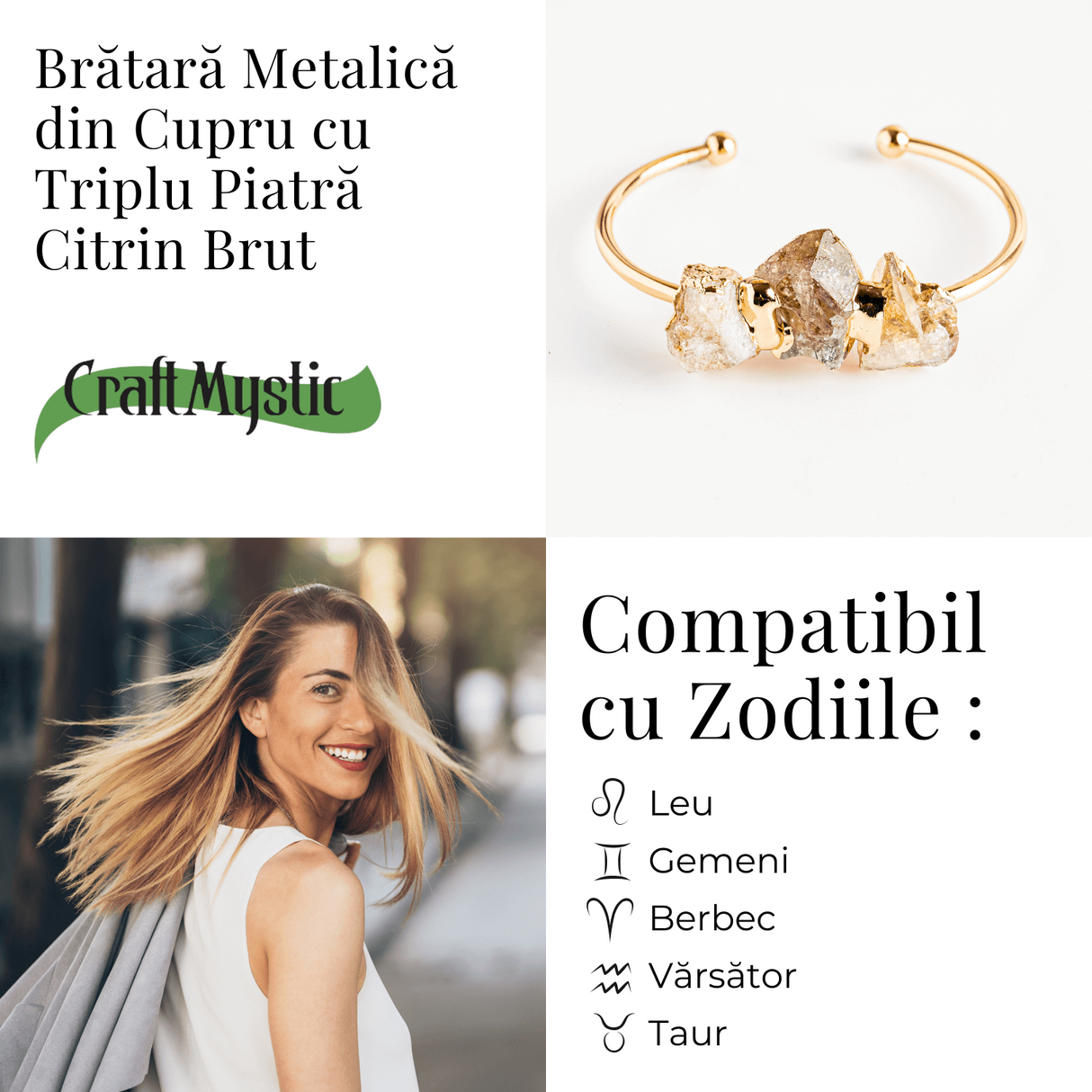 Bratara Aurie cu Triplu Citrin Brut - Energie Pozitiva & Prosperitate