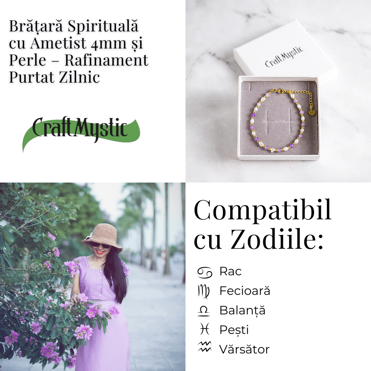 Bratara spirituala cu ametist 4mm si perle - Rafinament purtat zilnic
