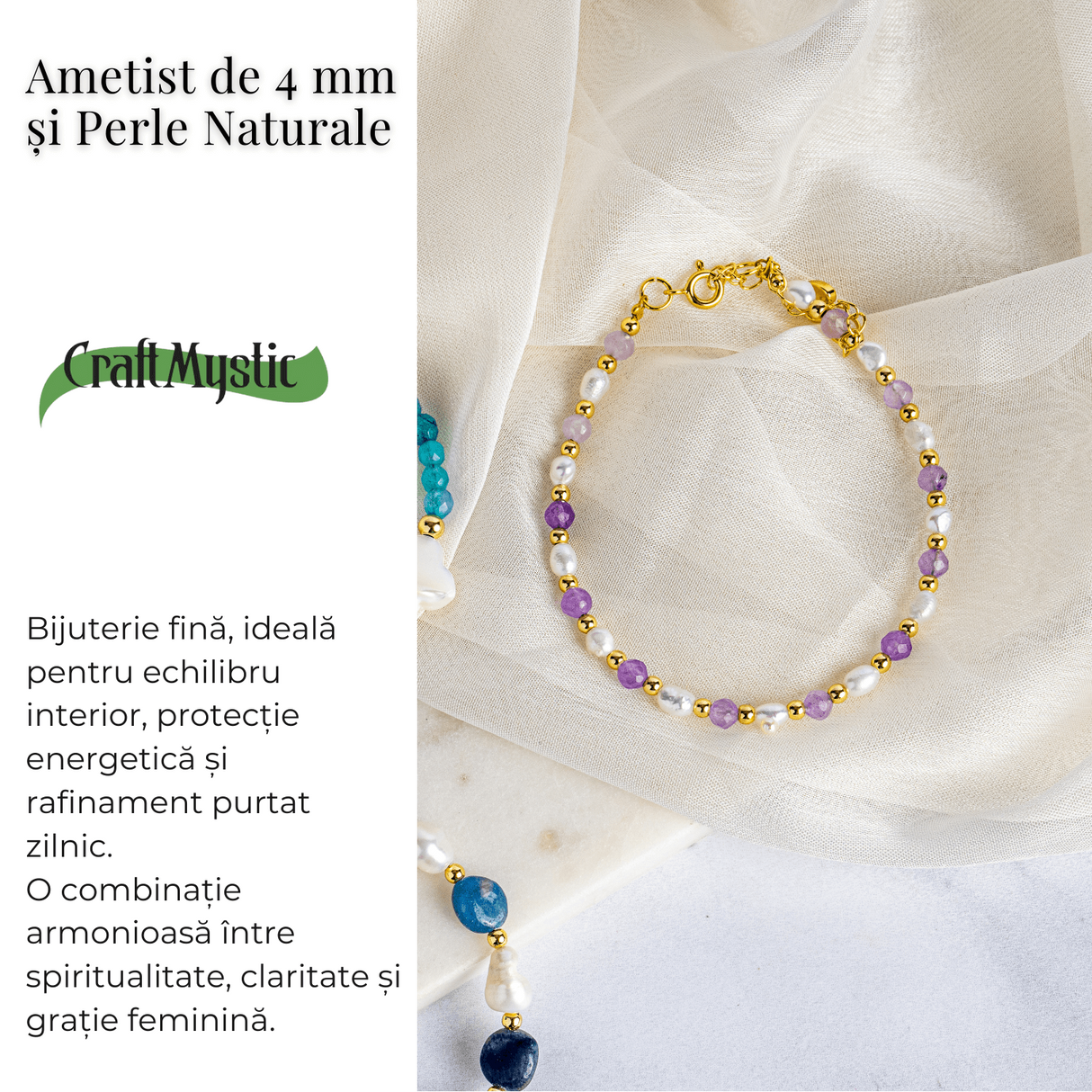 Bratara spirituala cu ametist 4mm si perle - Rafinament purtat zilnic
