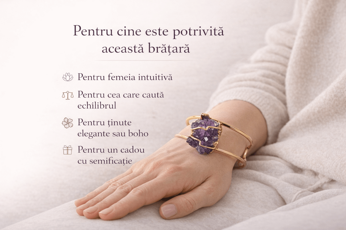 Bratara cuff cu Ametist natural - Echilibru spiritual in forma eleganta