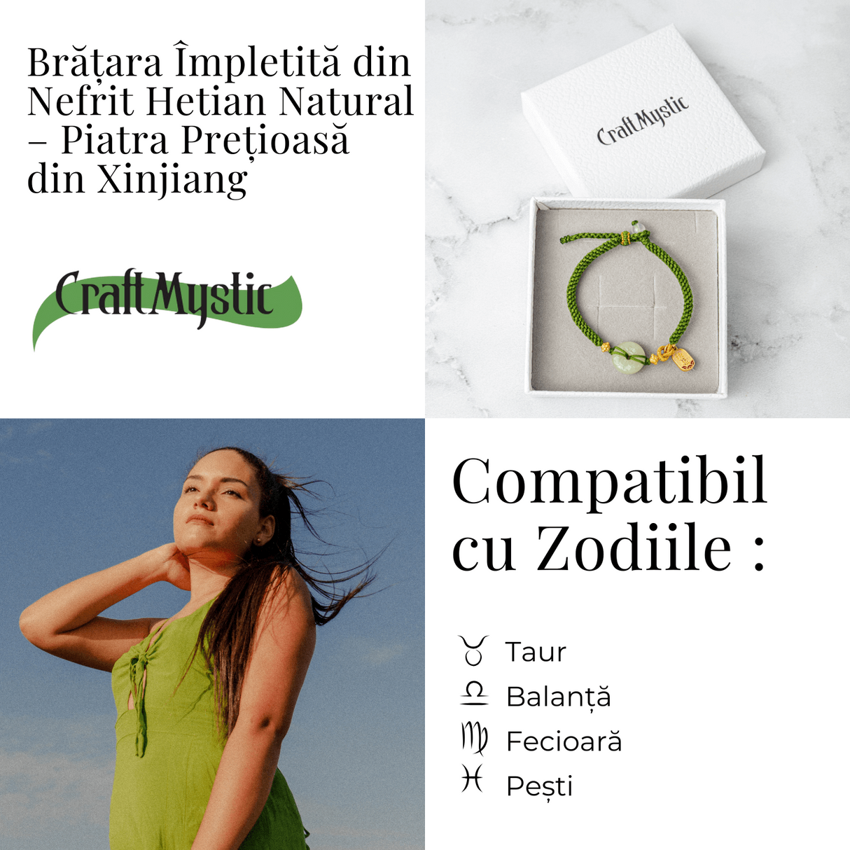 Bratara impletita cu Nefrit Hetian Natural si snur verde - Vitalitate si Protectie