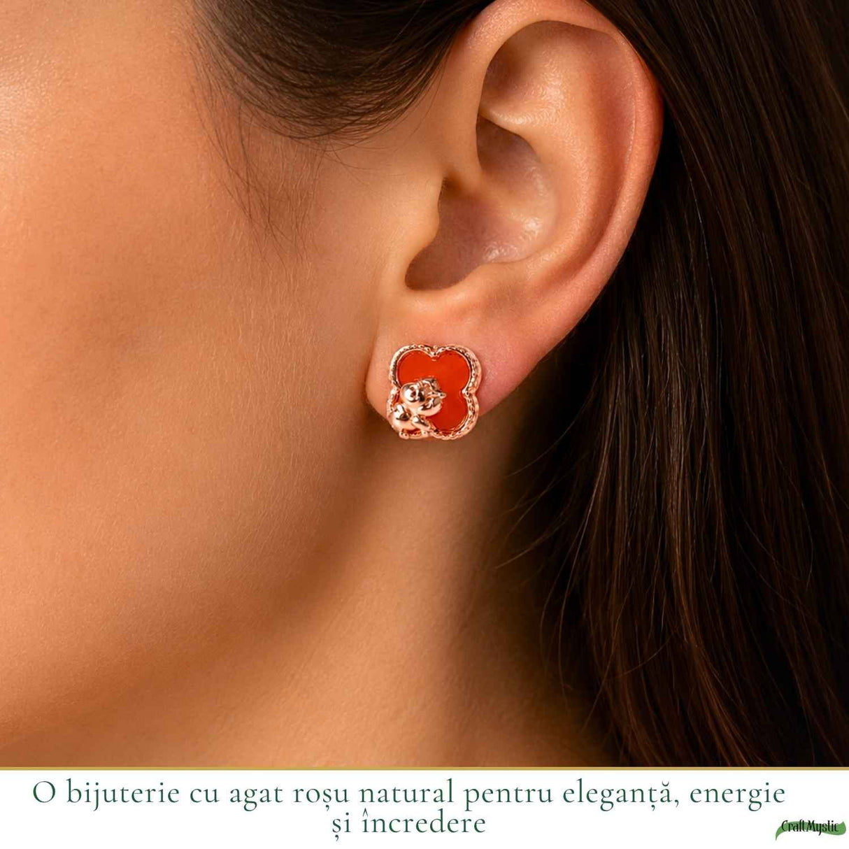 Cercei Argint 925 cu Agat Rosu Natural in Forma de Trifoi si Calut – Noroc, Curaj si Eleganta