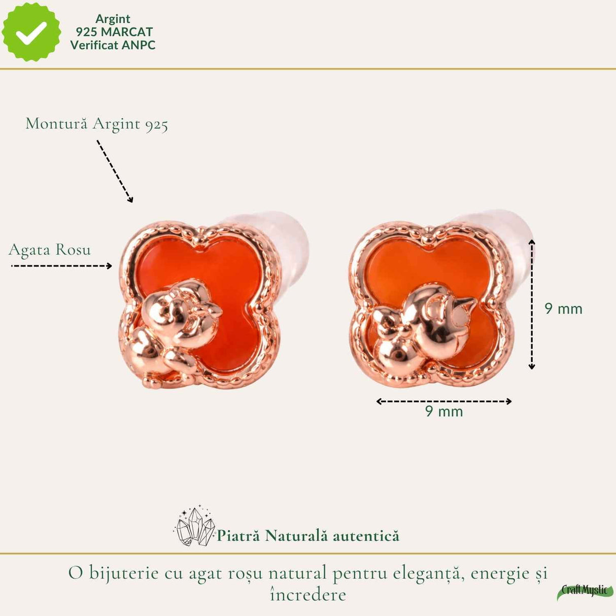 Cercei Argint 925 cu Agat Rosu Natural in Forma de Trifoi si Calut – Noroc, Curaj si Eleganta