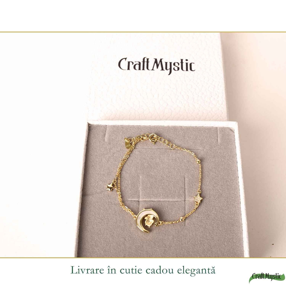 Bratara Argint 925 Placat Auriu cu Sidef Natural, Semiluna, Stea si Calut – Feminitate si Intuitie