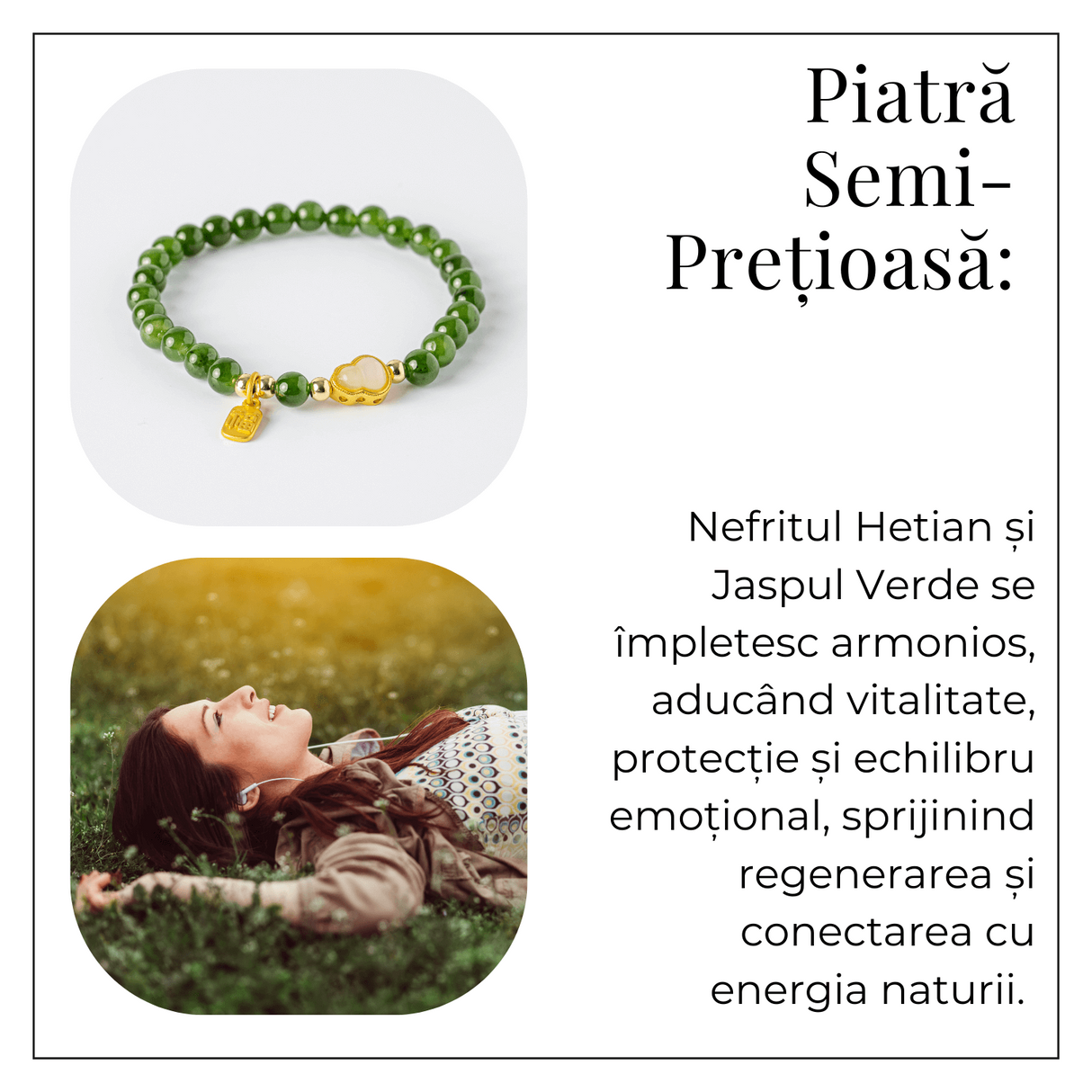 Bratara elastic din jasp verde natural si nefrid hetian - echilibru si vitalitate