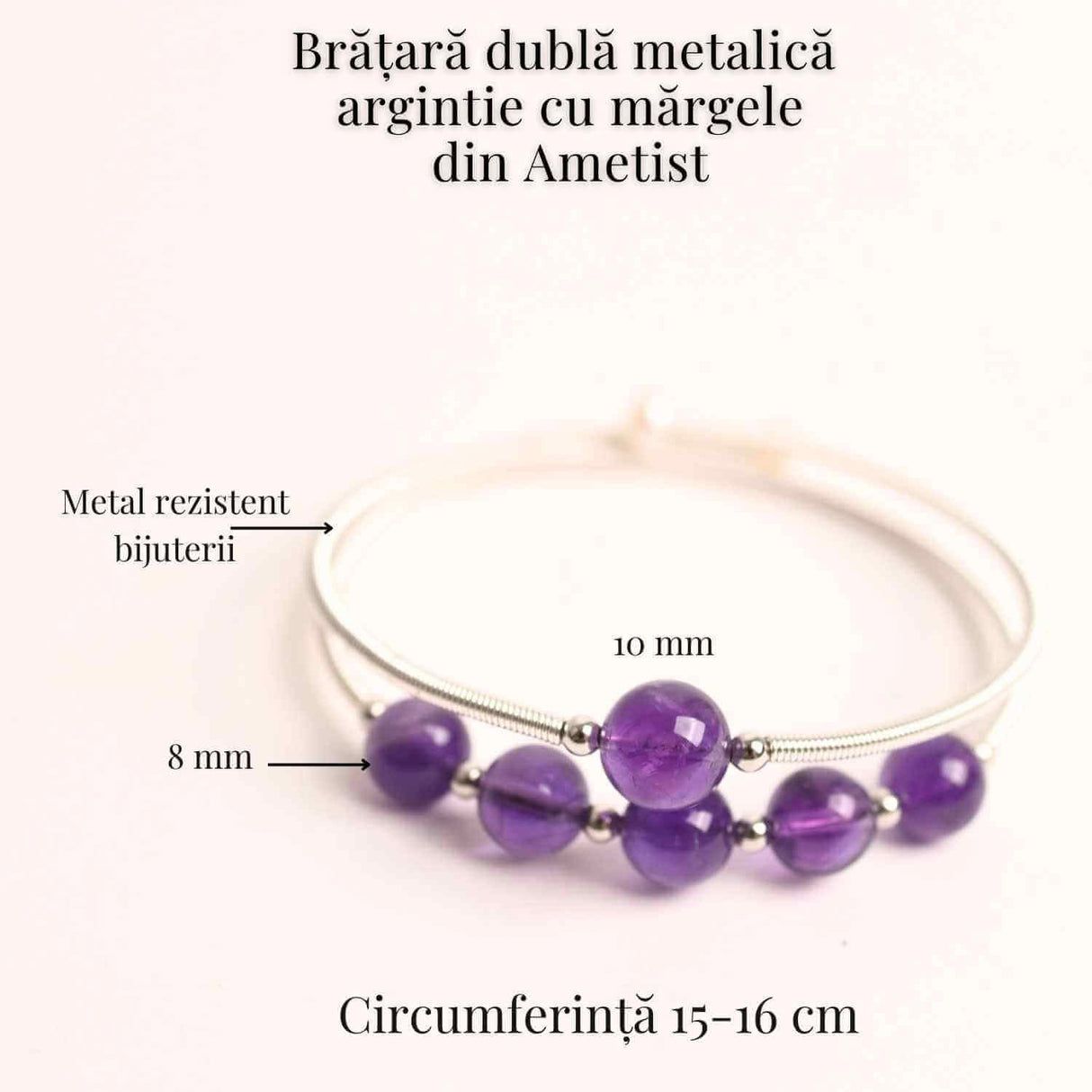 Bratara dubla metalica argintie cu ametist natural pentru calm si claritate mentala