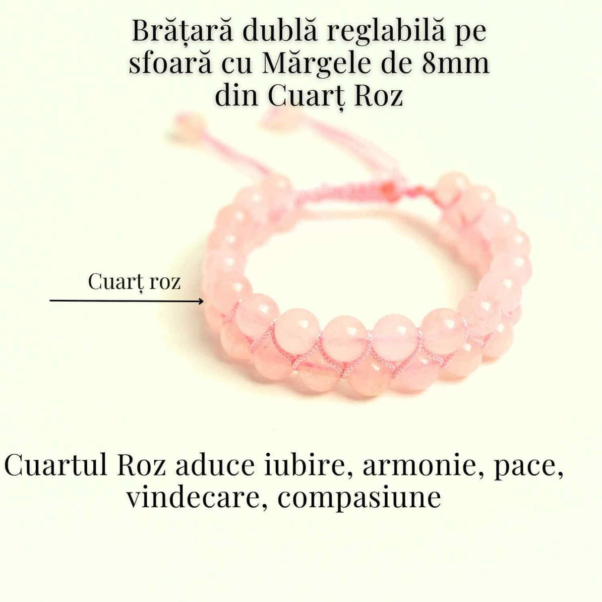 Bratara Dubla Reglabila din Cuart Roz 8mm - Iubire și Armonie