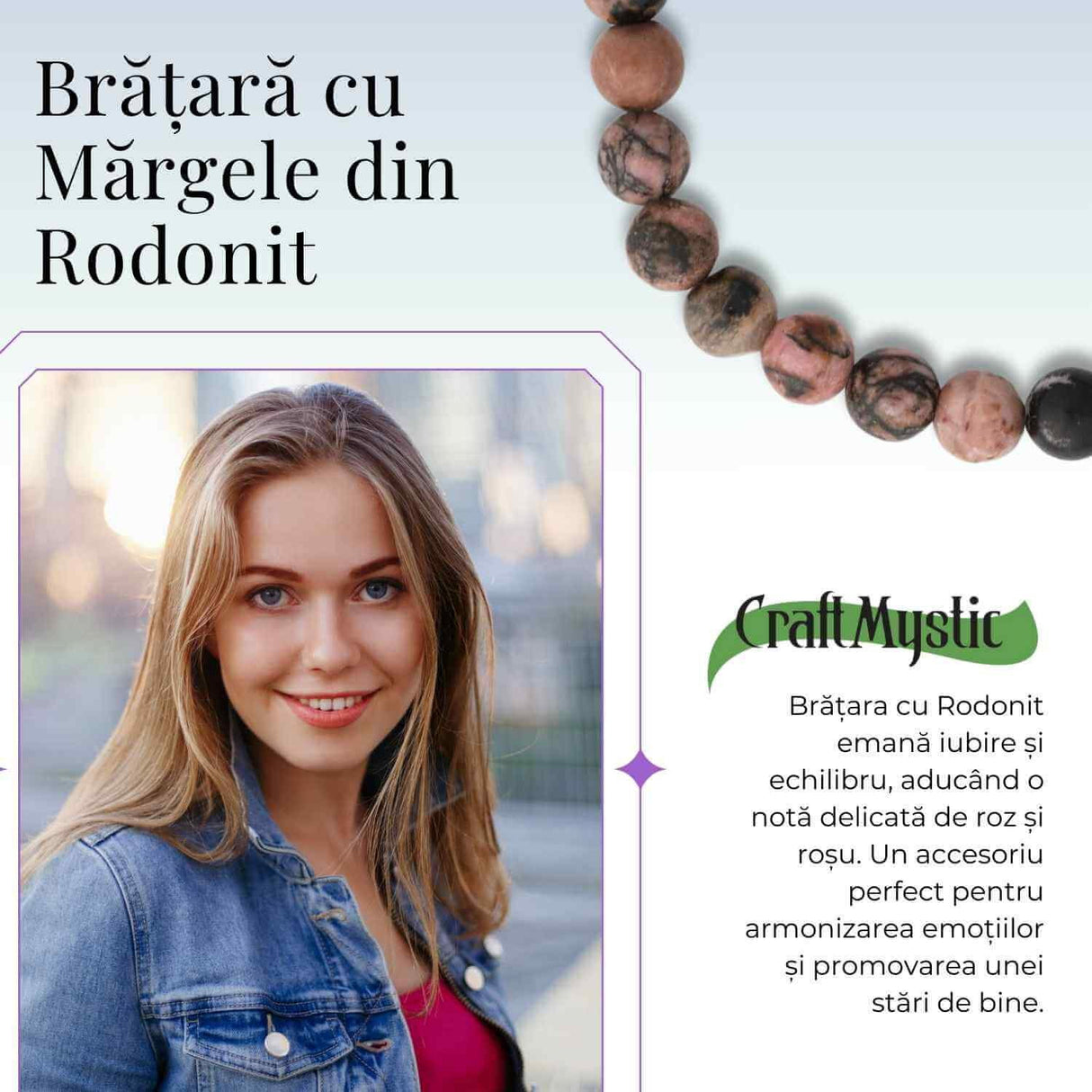 Bratara Elastica cu Margele 6mm din Rodonit -Vindecare Emotionala si Echilibru