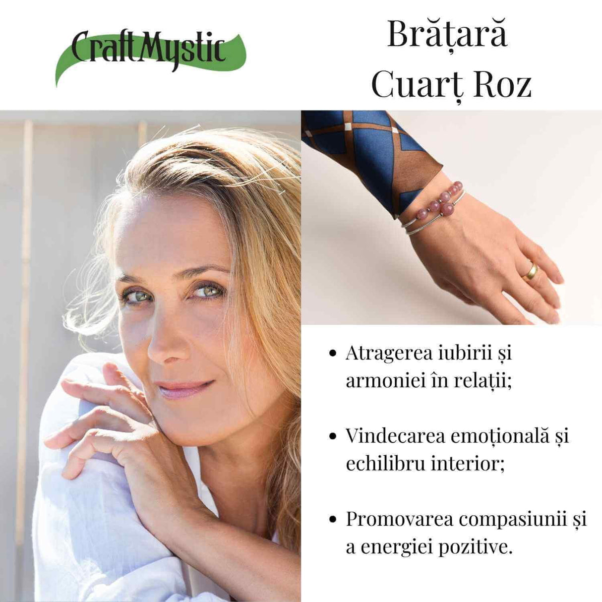 Bratara dubla metalica argintie si Cuart Roz natural pentru calm si claritate mentala