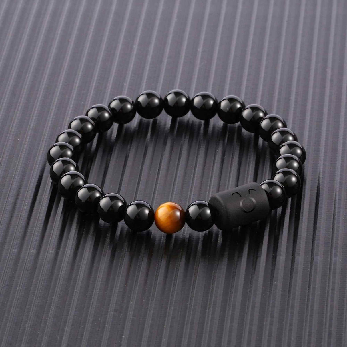 Bratara zodie Berbec din pietre naturale 8mm Obsidian si Ochi de Tigru pentru barbati cu cele 12 constelatii - Include dubla gravura cu semn zodiacala specifica