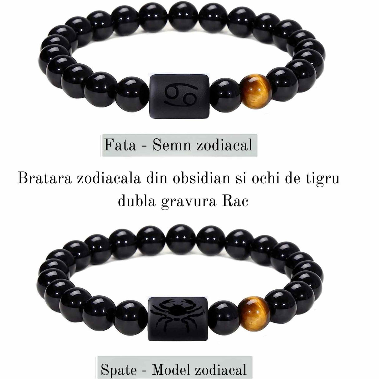 Bratara zodie Berbec din pietre naturale 8mm Obsidian si Ochi de Tigru pentru barbati cu cele 12 constelatii - Include dubla gravura cu semn zodiacala specifica