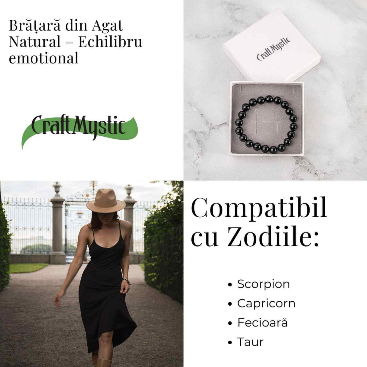 Bratara din Agat Negru Natural cu Margele Rotunde - Echilibru, Protectie si Ancorare