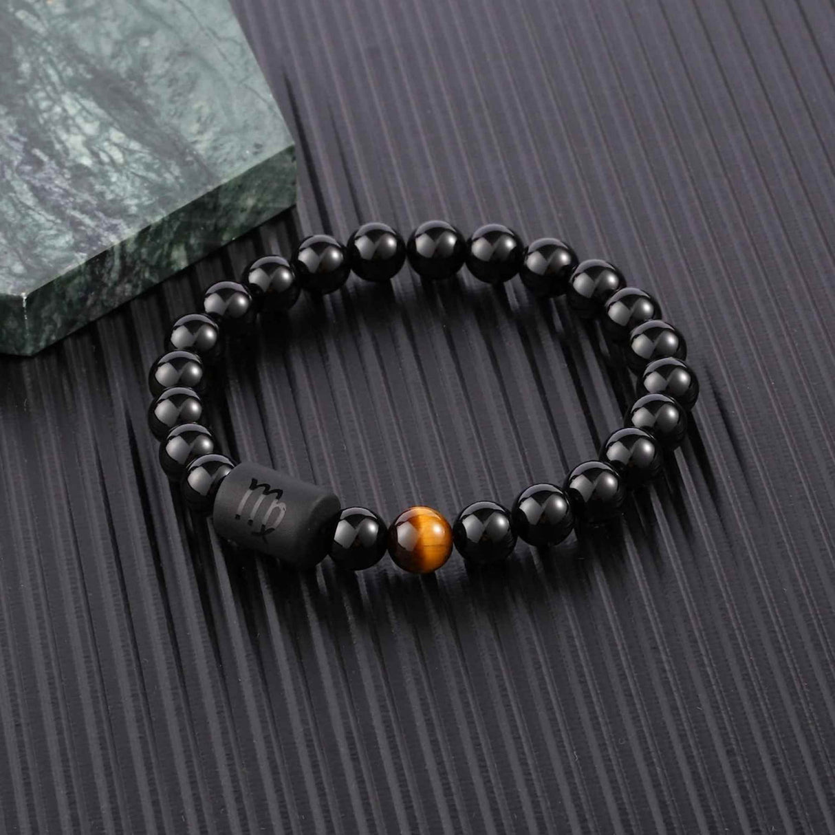 Bratara zodie Berbec din pietre naturale 8mm Obsidian si Ochi de Tigru pentru barbati cu cele 12 constelatii - Include dubla gravura cu semn zodiacala specifica