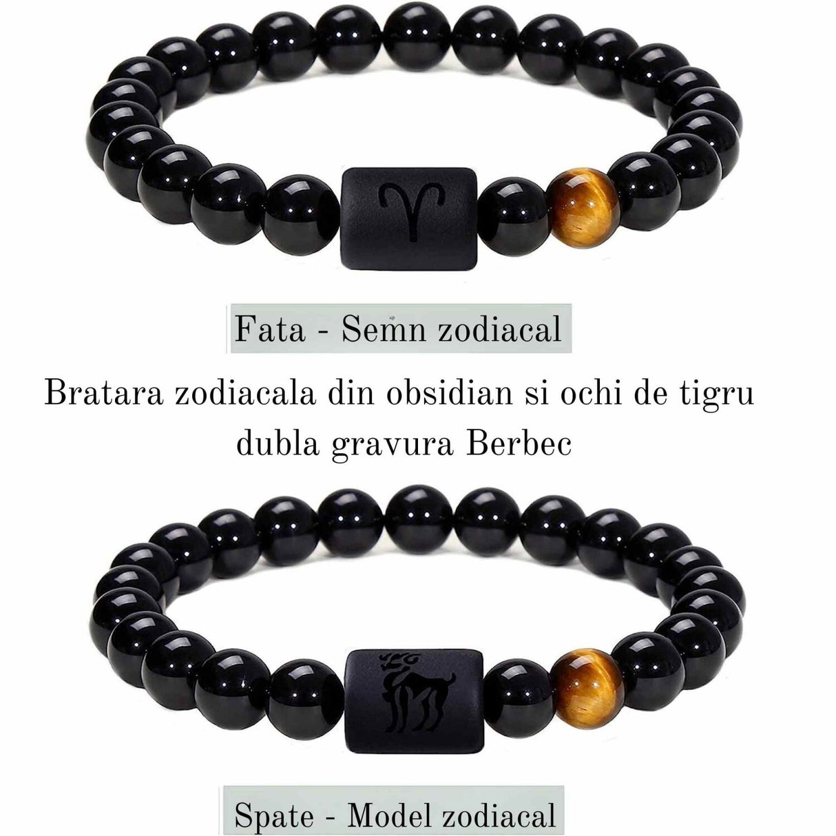 Bratara zodie Berbec din pietre naturale 8mm Obsidian si Ochi de Tigru pentru barbati cu cele 12 constelatii - Include dubla gravura cu semn zodiacala specifica